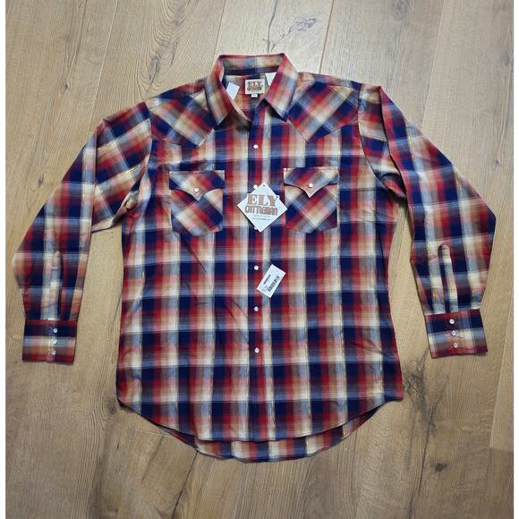 NOS Vintage Ely Gentleman Plaid Western Shirt Pearl Snaps Gold Thread L - Picture 1 of 11